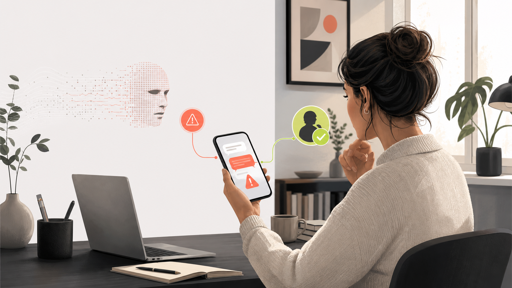 AI-genererad illustration av en person som granskar ett brådskande mobilmeddelande och verifierar avsändaren genom en betrodd kontaktväg.