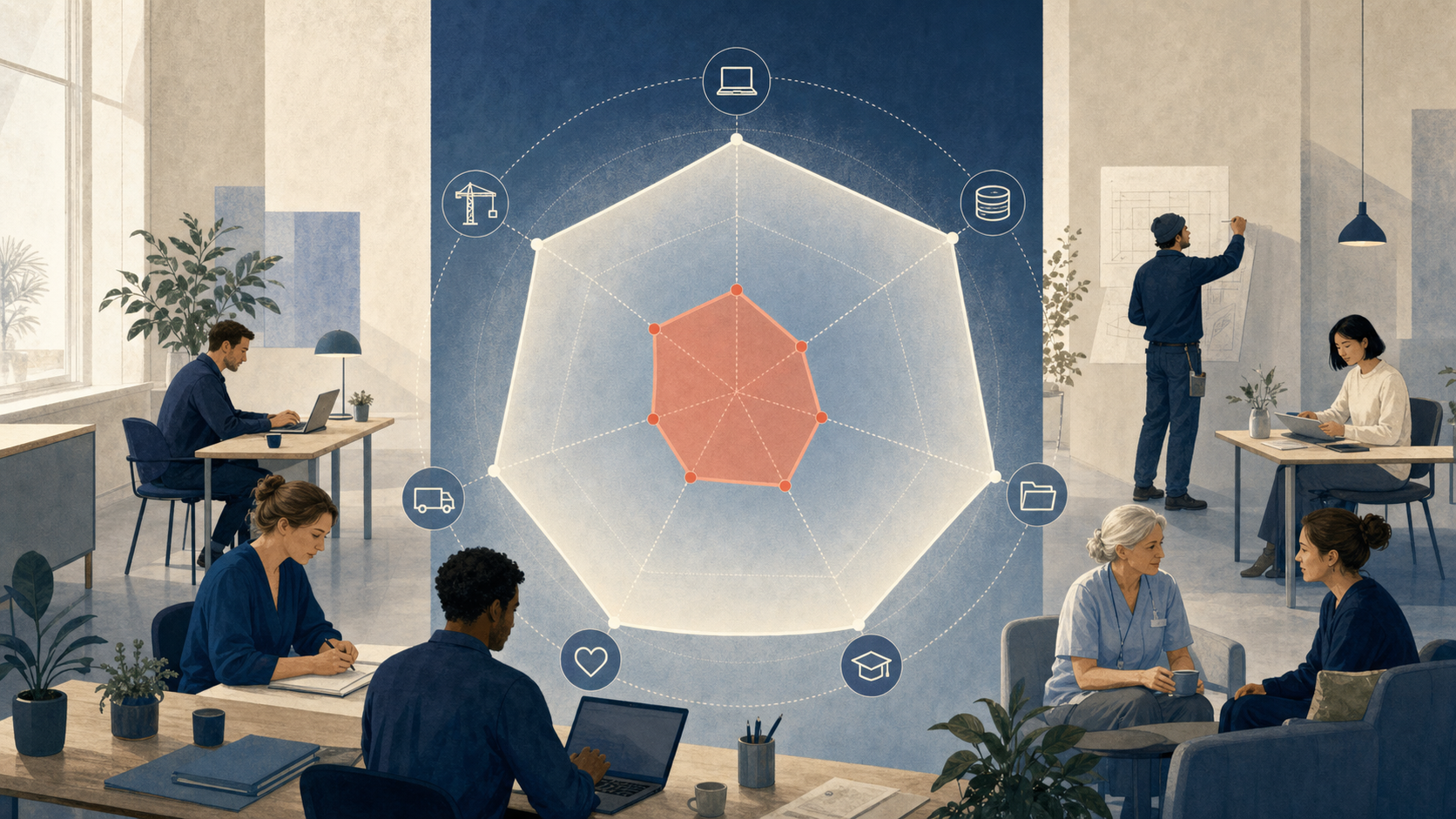 AI-genererad redaktionell illustration av människor i olika yrken framför ett diagram där teoretisk AI-förmåga är betydligt större än observerad användning.
