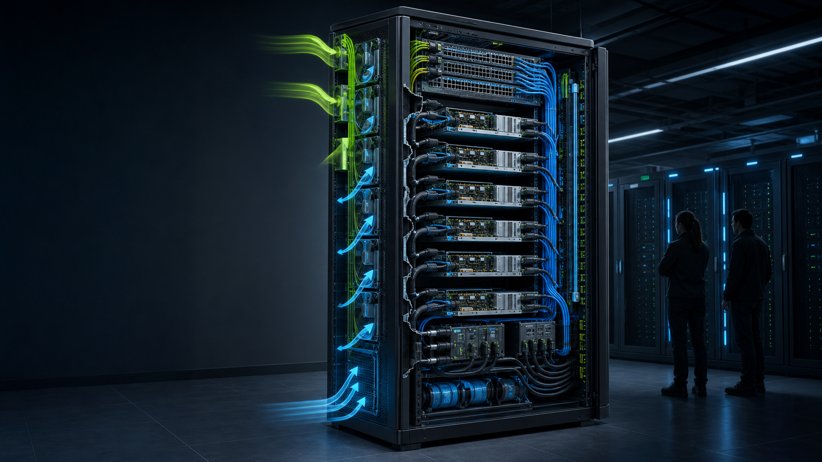 AI-genererad illustration av ett öppet serverrack där beräkningskort, nätverk, ström och kylning visas som delar av ett samordnat AI-system.