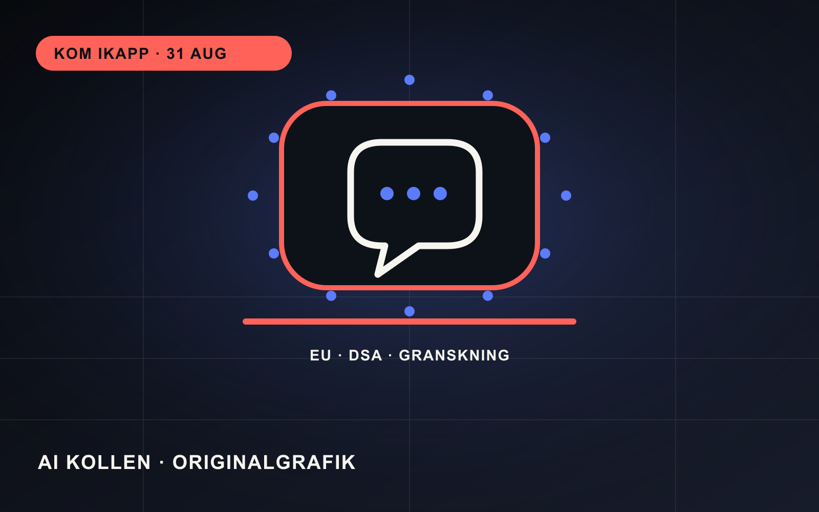 Originalgrafik med en chattbubbla innanför en europeisk granskningsram och en tydlig kontrollpunkt.