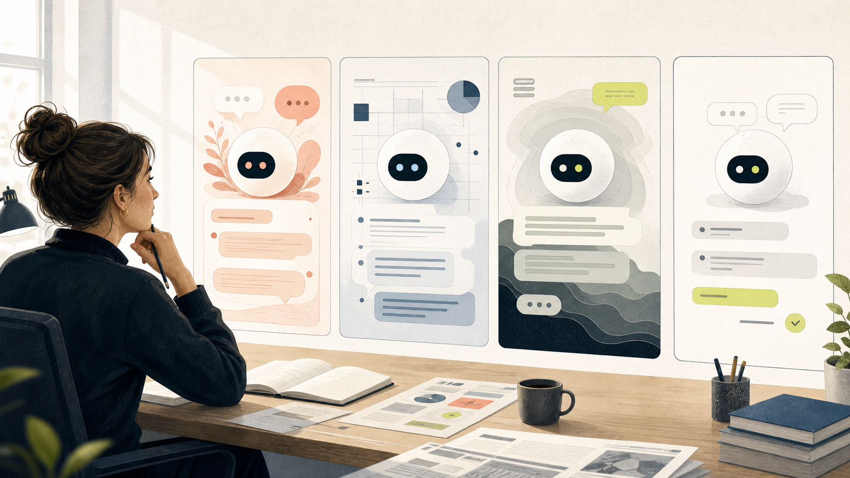 AI-genererad illustration av en redaktör som jämför fyra abstrakta samtalspaneler där samma AI-assistent uttrycker olika ton och detaljnivå.