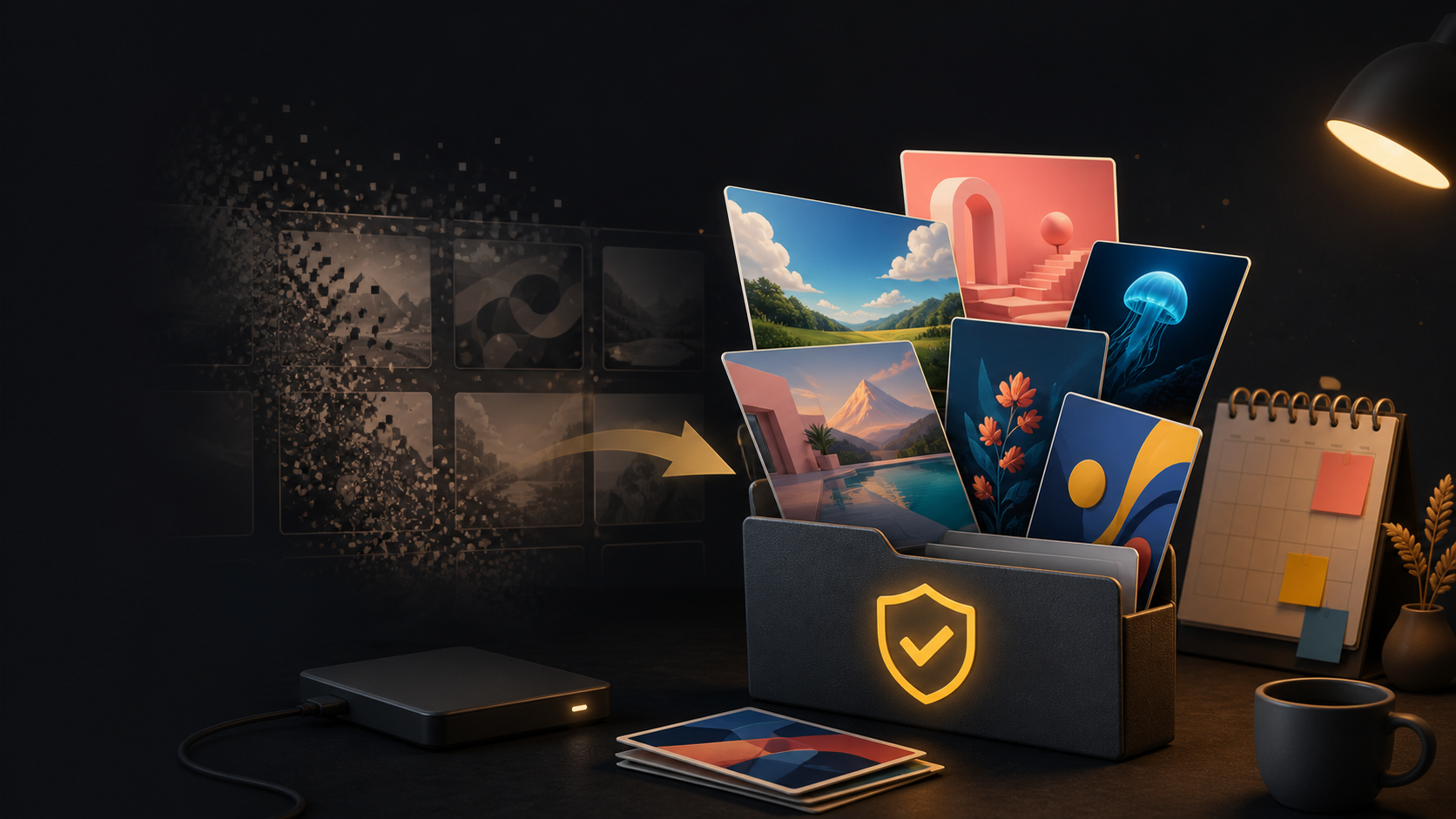 AI-genererad illustration av färgstarka bildkort som flyttas från ett nedtonat digitalt galleri till en skyddad arkivmapp inför en tidsgräns.