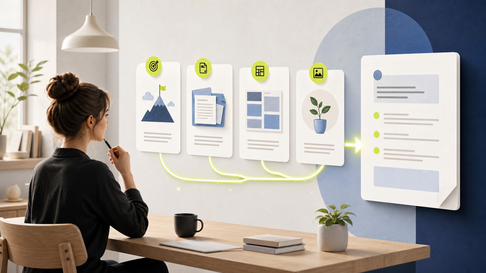 AI-genererad illustration av en person som kombinerar fyra kort för mål, underlag, format och exempel till ett färdigt dokument.