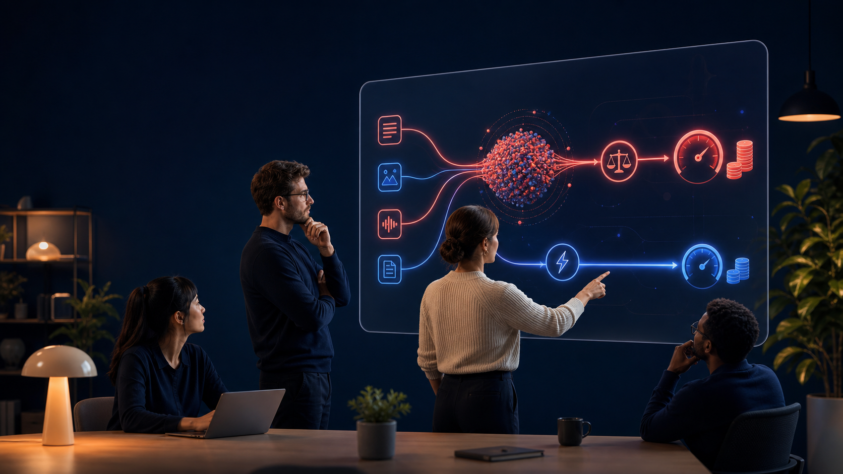 AI-genererad illustration av fyra yrkespersoner som jämför två abstrakta AI-flöden för hastighet och kostnad.