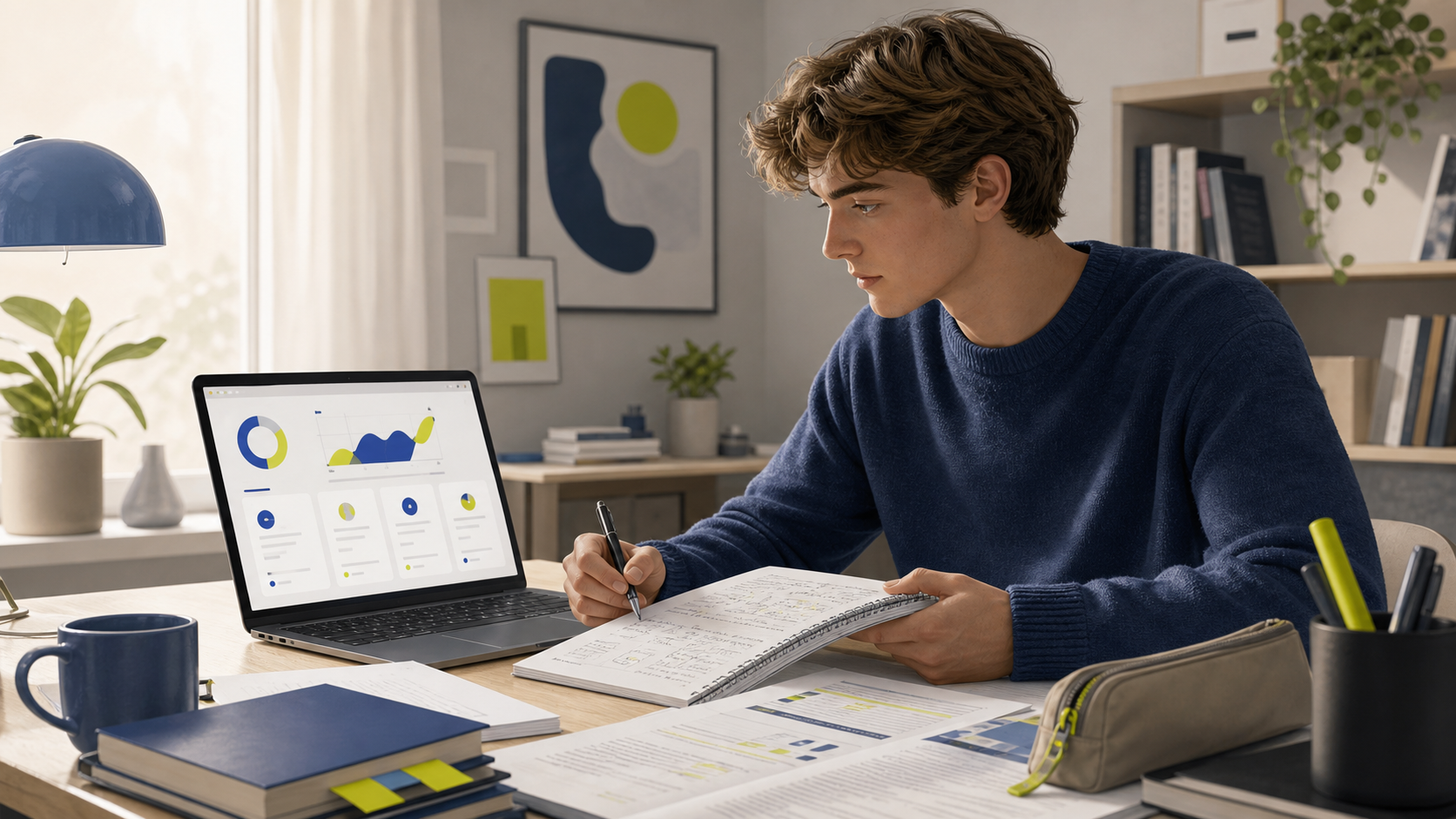 AI-genererad illustration av en student som jämför handskrivna anteckningar med en digital studieplan på en bärbar dator.