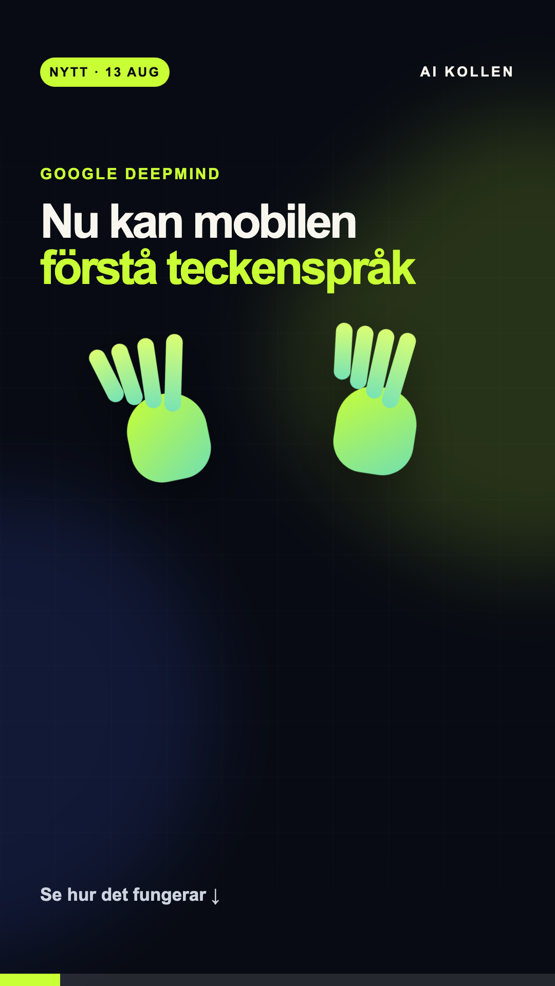 AI Kollen-illustration med två stiliserade händer och rubriken att mobilen kan förstå teckenspråk.