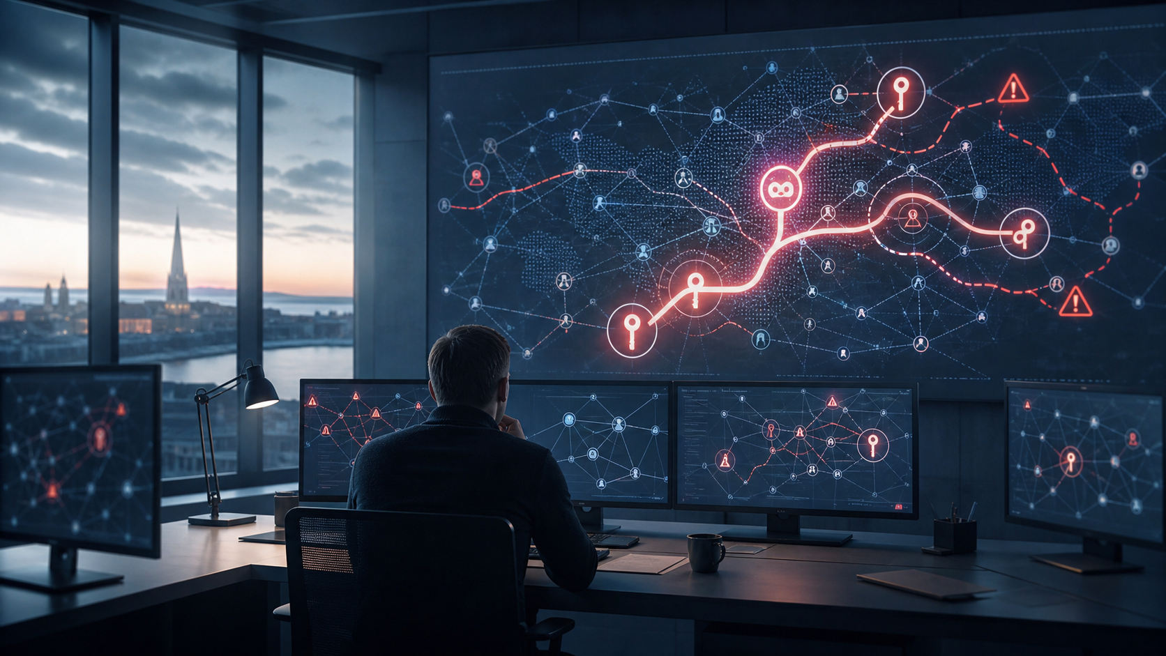AI-genererad illustration av en säkerhetsanalytiker som granskar ett digitalt nätverk med varningssymboler och nyckelikoner.