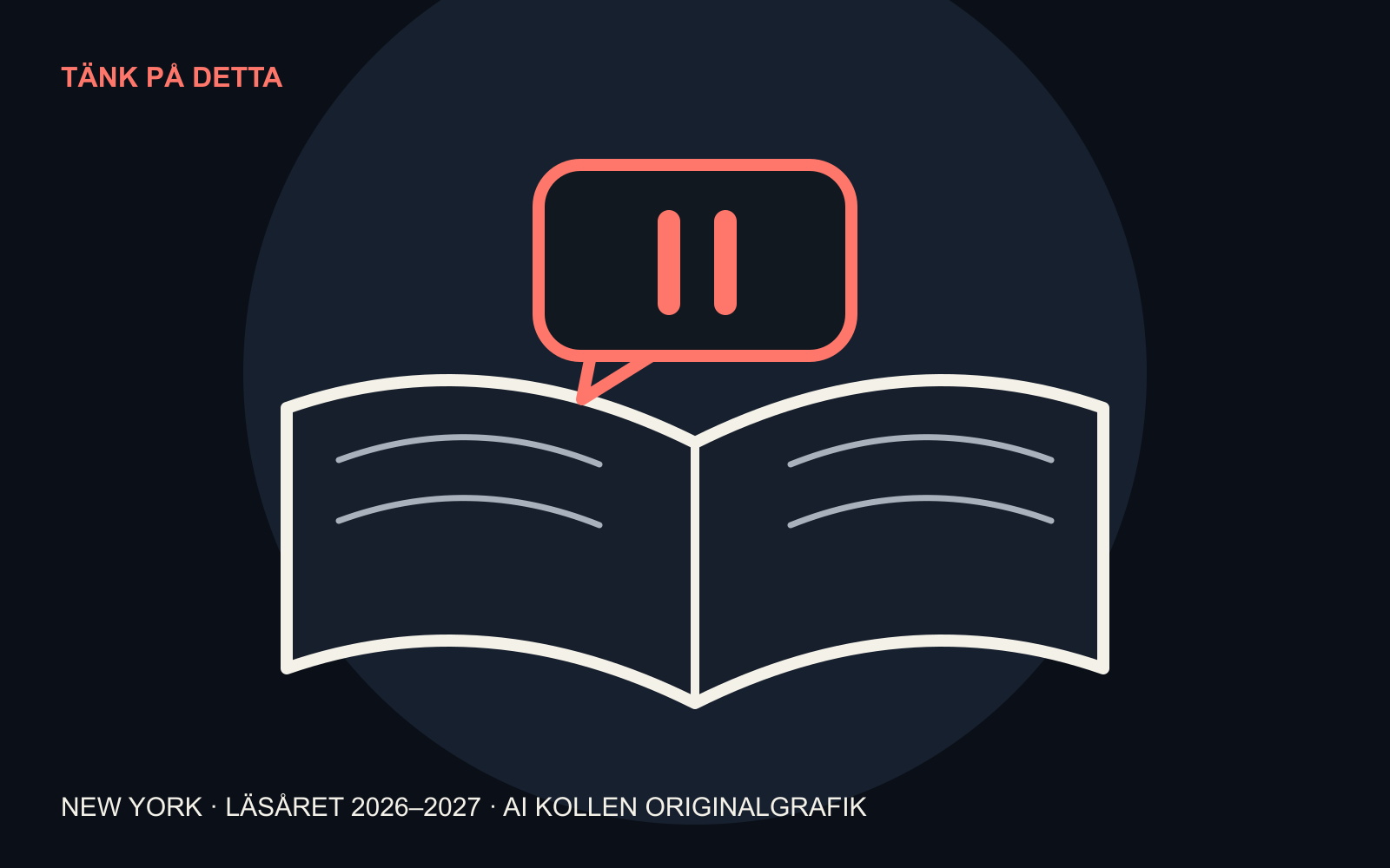 AI Kollens originalgrafik: en öppen skolbok, en chattbubbla med paussymbol och läsåret 2026–2027.