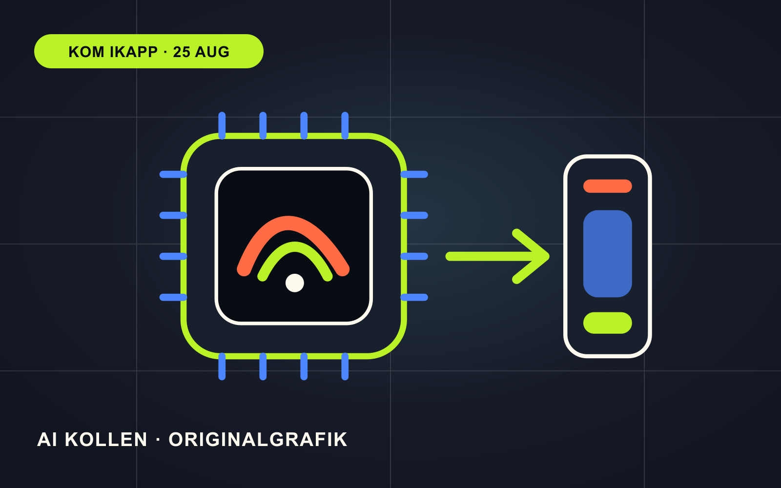 Originalgrafik med ett AI-chip, mätkurvor och ett serverrack som symboliserar snabbare inferens med lägre energianvändning.