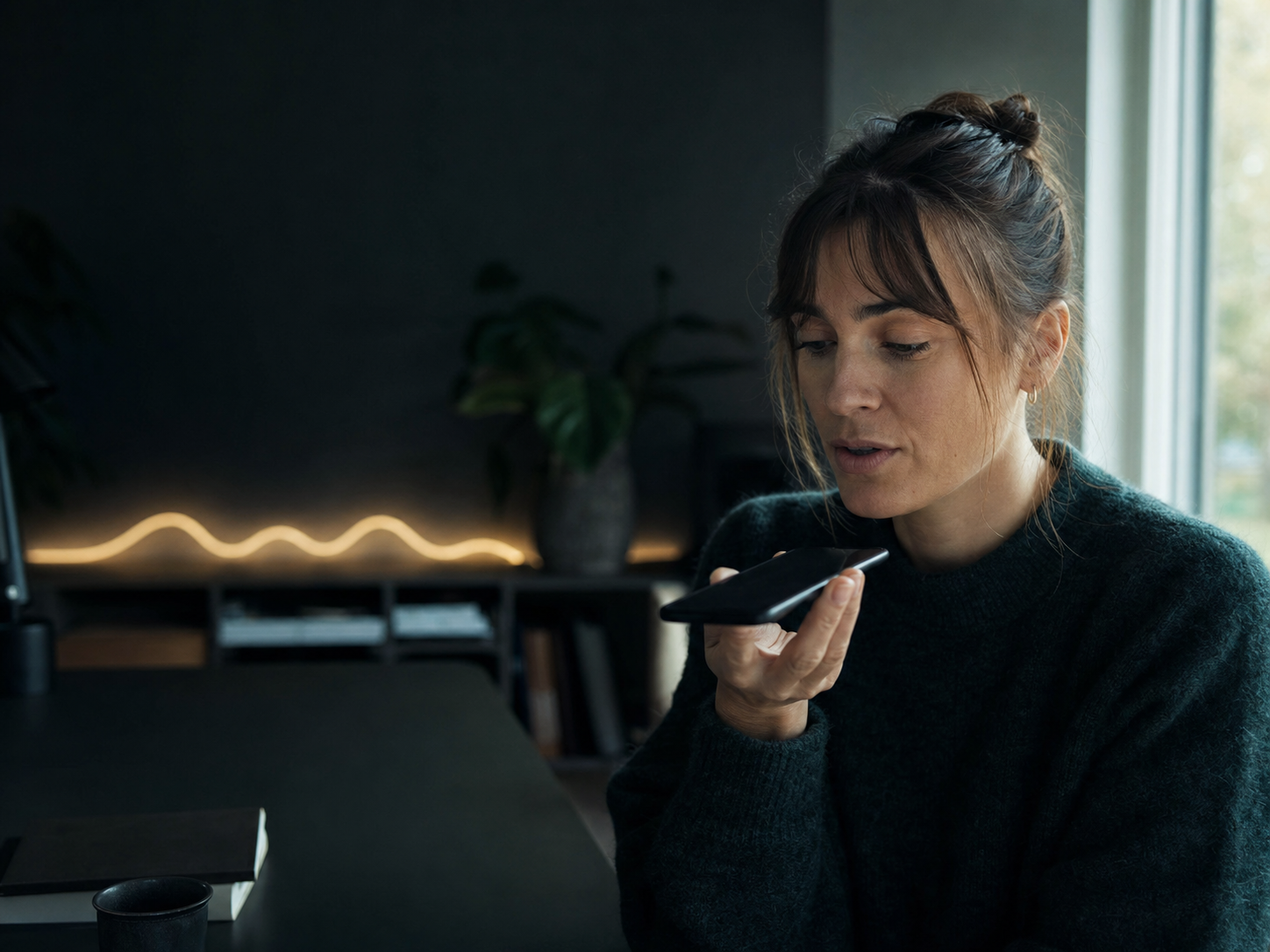 Illustration av en person som använder röst-AI i ett hemmakontor.