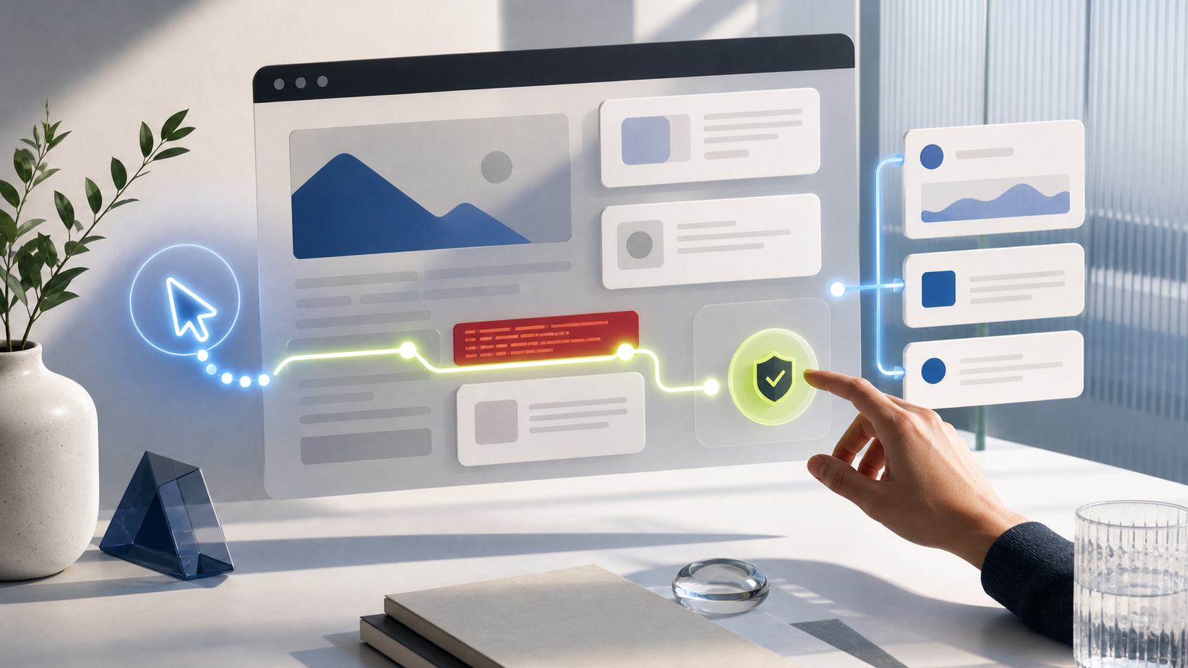 AI-genererad illustration av en webbläsaragent som möter en dold röd instruktion innan en människa godkänner nästa steg.